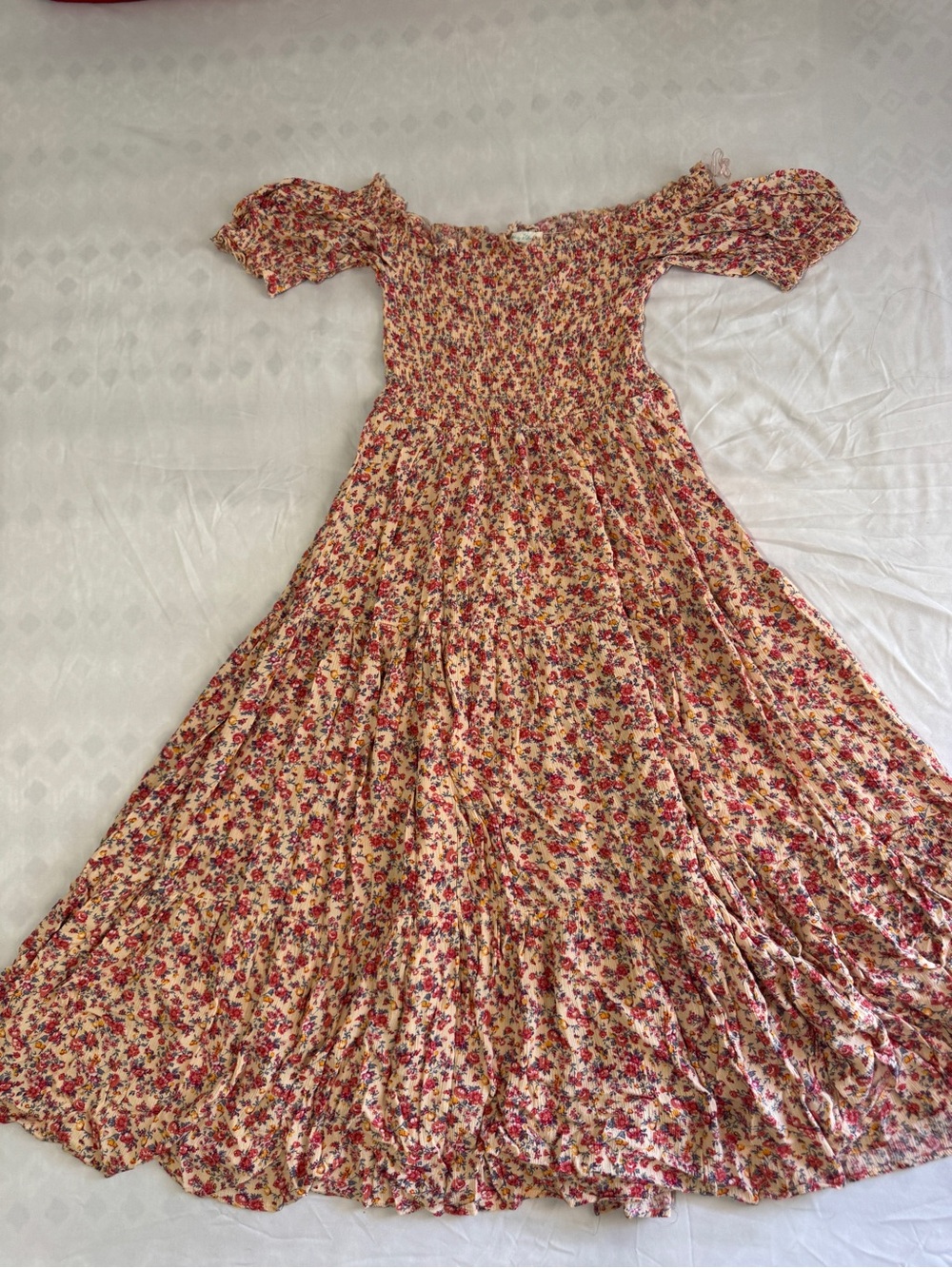 Smocked Floral Maxi Dress in Cream with Pink Bloom - Picture 2 of 11